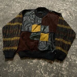 Men's Patchwork Crewneck Sweater - Multicolor vintage 1990s leather SAXONY
